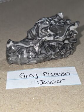 Detailed Picasso Jasper Crystal Carved Dragon Head Stone Sculpture Decor
